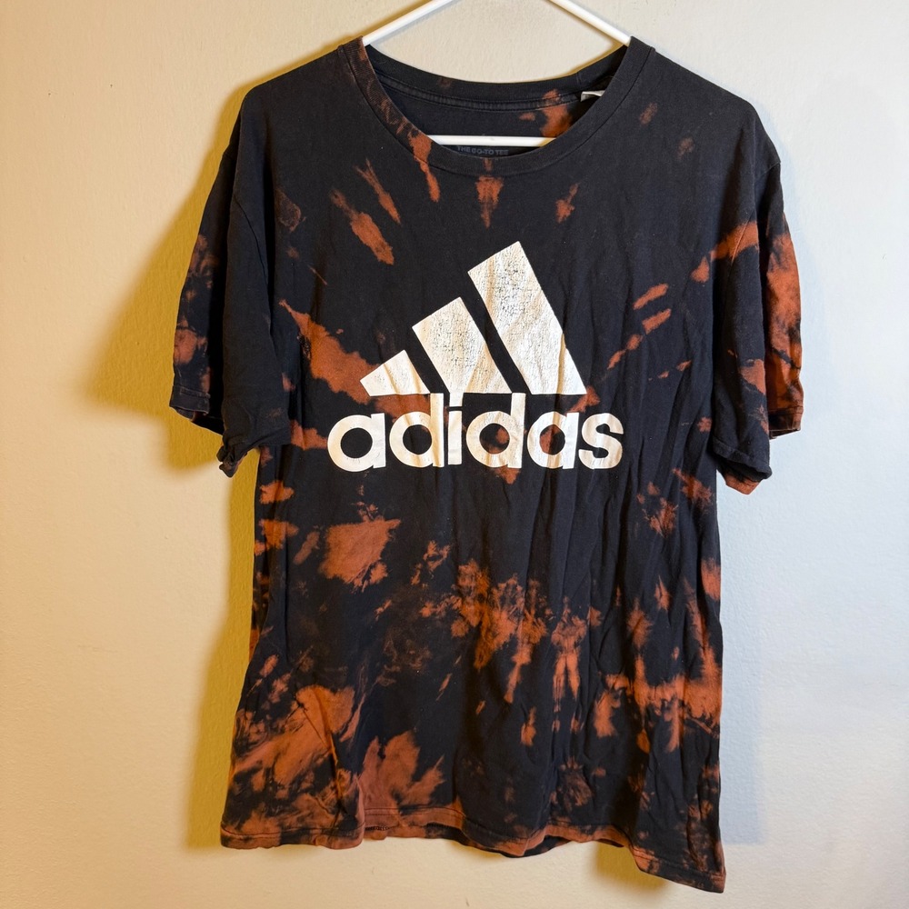 Adidas Mens The Go-To Tee Black Orange Bleach Tie Dye Graphic Logo‎ T-Shirt L